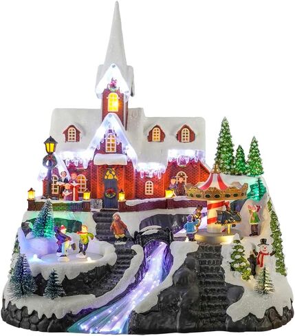 Christmas Village House, 12.4" H Large Size, Colourful LED Lights with Christmas Music, Rotating Christmas Trees and Roller Skaters, Christmas Decoration for Home (Yellow) in Saudi Arabia