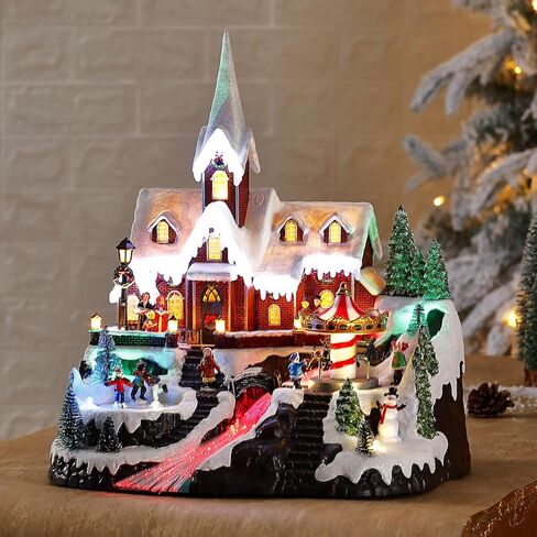 Christmas Village House, 12.4" H Large Size, Colourful LED Lights with Christmas Music, Rotating Christmas Trees and Roller Skaters, Christmas Decoration for Home (Yellow) in Saudi Arabia