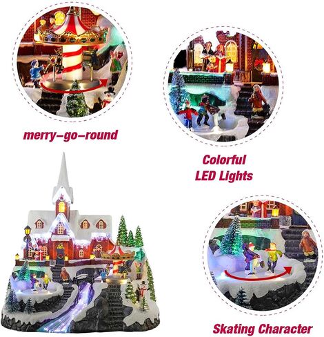Christmas Village House, 12.4" H Large Size, Colourful LED Lights with Christmas Music, Rotating Christmas Trees and Roller Skaters, Christmas Decoration for Home (Yellow) in Saudi Arabia