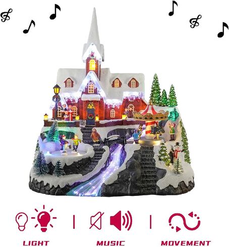 Christmas Village House, 12.4" H Large Size, Colourful LED Lights with Christmas Music, Rotating Christmas Trees and Roller Skaters, Christmas Decoration for Home (Yellow) in Saudi Arabia
