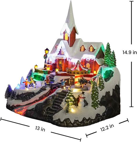 Christmas Village House, 12.4" H Large Size, Colourful LED Lights with Christmas Music, Rotating Christmas Trees and Roller Skaters, Christmas Decoration for Home (Yellow) in Saudi Arabia