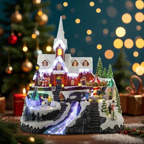 Christmas Village House, 12.4" H Large Size, Colourful LED Lights with Christmas Music, Rotating Christmas Trees and Roller Skaters, Christmas Decoration for Home (Yellow) in Saudi Arabia