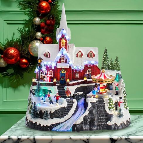 Christmas Village House, 12.4" H Large Size, Colourful LED Lights with Christmas Music, Rotating Christmas Trees and Roller Skaters, Christmas Decoration for Home (Yellow) in Saudi Arabia