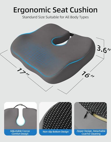 وسادة كرسي مكتب مطورة لتخفيف آلام عرق النسا والورك، وسادة العصعص شديدة الكثافة بتصميم مريح، وسادة مقعد لكرسي المكتب والسيارة والكرسي المتحرك - راحة طوال اليوم (أسود) in Kuwait