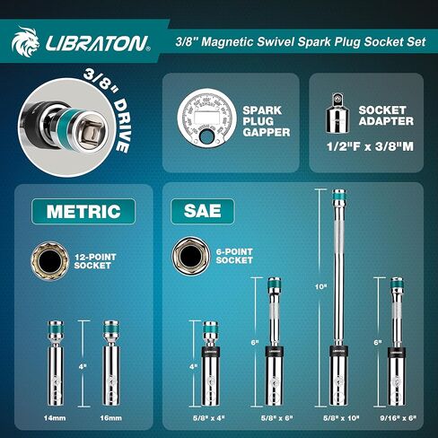 LIBRATON 8 قطع 3/8 بوصة دكتور. مجموعة مقبس قابس الإشعال المغناطيسي، تتضمن فجوة وشريط تمديد، جدار رفيع برأس دوار (5/8 بوصة 9/16 بوصة 14 مم 16 مم)، 6 و12 نقطة لإصلاح السيارات بالشاحنات النارية، ث/4 بوصة، 6 بوصة، 10 بوصة، CR-V in Kuwait