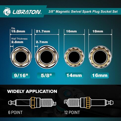 LIBRATON 8 قطع 3/8 بوصة دكتور. مجموعة مقبس قابس الإشعال المغناطيسي، تتضمن فجوة وشريط تمديد، جدار رفيع برأس دوار (5/8 بوصة 9/16 بوصة 14 مم 16 مم)، 6 و12 نقطة لإصلاح السيارات بالشاحنات النارية، ث/4 بوصة، 6 بوصة، 10 بوصة، CR-V in Kuwait