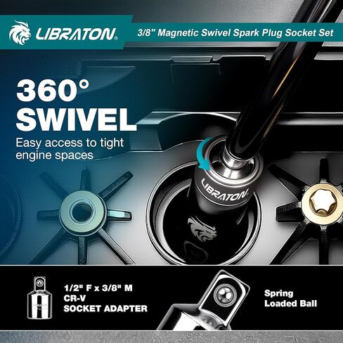 LIBRATON 8 قطع 3/8 بوصة دكتور. مجموعة مقبس قابس الإشعال المغناطيسي، تتضمن فجوة وشريط تمديد، جدار رفيع برأس دوار (5/8 بوصة 9/16 بوصة 14 مم 16 مم)، 6 و12 نقطة لإصلاح السيارات بالشاحنات النارية، ث/4 بوصة، 6 بوصة، 10 بوصة، CR-V in Kuwait