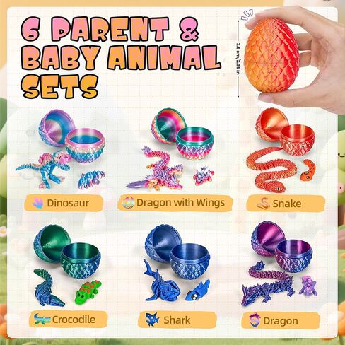 Tboline 6 Pack 3D Print Dragon Eggs ، Bump Egge مع تنين مفصلي مرن في الداخل ، Toy Cool Animals Toy Toy For Boys Girls Year 4-6 5-7 8-12 ، Hishaf Birthday Gift (6Pack-A) in Kuwait