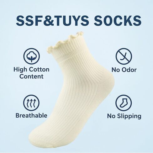 SSF&TUYS Women's Ruffle Ankle Socks – 6 Pairs Soft Cotton, Cute Frilly Trim, Breathable and Comfy for Everyday Wear in Saudi Arabia