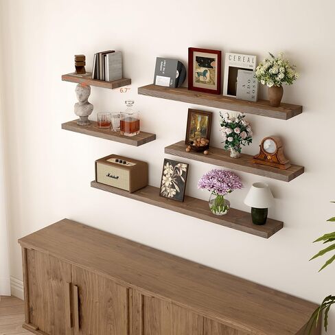 BGMG Floating Shelves 16 inch Long, Distressed,Wide Rustic Wooden Wall Shelves for Bathroom Living Room Bedroom Kitchen Farmhouse Set of 2-16x6.7x1.25 inch-Distressed Walnut in Kuwait