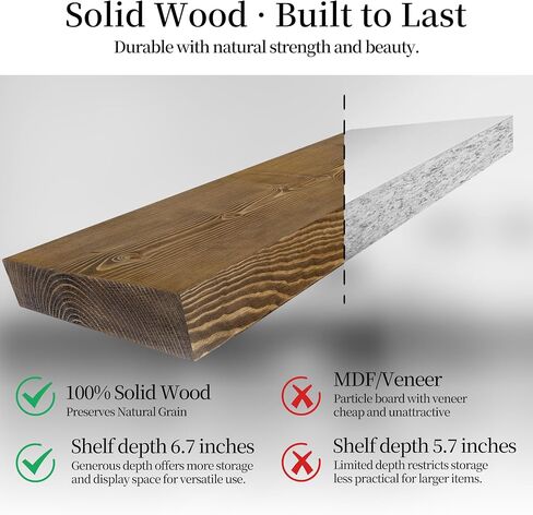 BGMG Floating Shelves 16 inch Long, Distressed,Wide Rustic Wooden Wall Shelves for Bathroom Living Room Bedroom Kitchen Farmhouse Set of 2-16x6.7x1.25 inch-Distressed Walnut in Kuwait