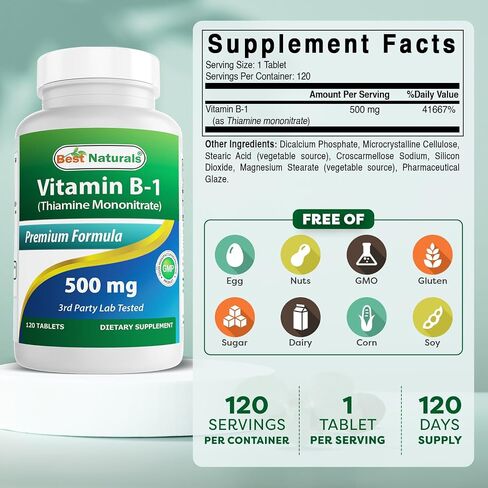 Best Naturals Vitamin B1 as Thiamine Mononitrate 500 mg 120 Tablets (120 Count (Pack of 1)) in Saudi Arabia