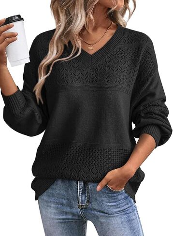 SHEWIN Womens Sweaters Casual Long Sleeve V Neck Lightweight Crochet Pullover Sweater Tops in Kuwait