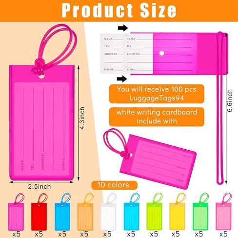 100 Pcs Plastic Luggage Tags Assorted Name Identification Labels Set Flexible Suitcase Tags for Travel Cruise Baggage, 10 Colors in Kuwait