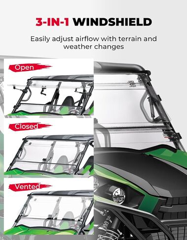 الزجاج الأمامي القابل للطي 3 في 1 من KEMIMOTO متوافق مع 2016+ Kawasaki Teryx 800، Teryx 4 800، 2021+ Teryx S، Teryx 4 S، مقاوم للخدش شديد التحمل، مضبوط على الإغلاق أو التهوية أو الفتح، رؤية واضحة in Kuwait