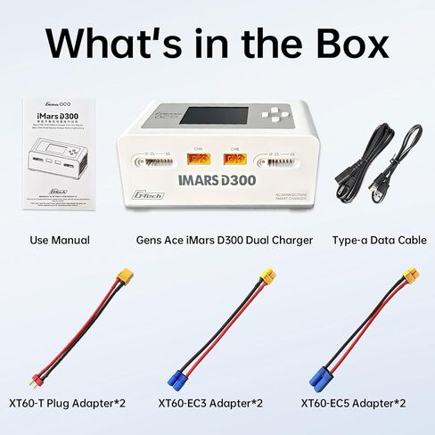 شاحن بطارية ليبو، شاحن Gens Ace IMARS D300 G-Tech Series شاحن توازن ليبو مزدوج ذكي 16A AC 300W DC 700W (350W*2) شاحن بطارية RC لبطاريات Lipo 1s~6s Life NiCd MH LiHV (أبيض) in Kuwait