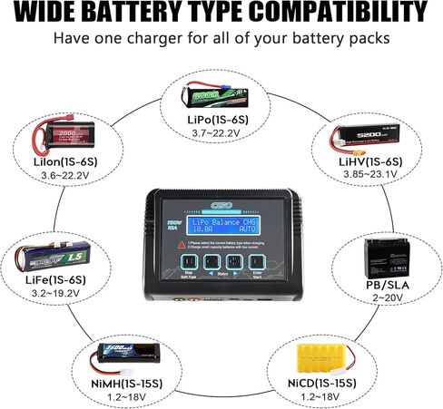 LiPo Battery Charger, 150W 10A RC Balance Fast Battery Charger Discharger for 1S-6S LiPo/Li-ion/Life/LiHV Battery 1-15S NiMH/NiCD PB Smart Batteries RC Car Drone in Kuwait
