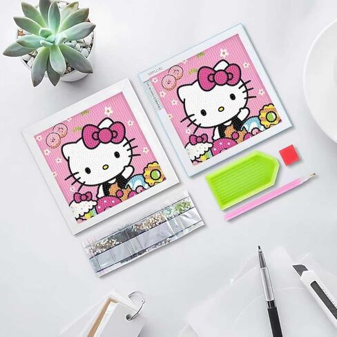 مجموعات الرسم الفني الماسي من Hupalun للأطفال، Kitty Diamond Art للأطفال الذين تتراوح أعمارهم بين 4-8-12 عامًا، مجموعة Hello Kitty Gem Kit Crafts للمبتدئين مع إطار لديكور جدار المنزل كهدية (7x7 بوصة) in Kuwait