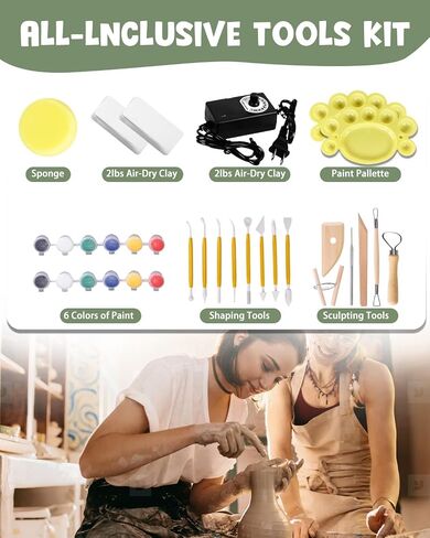 Mini Pottery Wheel Kit - 6" Pottery Wheel for Kids, Teens & Adults Beginners, 2 Lb Air Dry Clay & 18PCS Clay Tools Included, Crafts for Home DIY, Ceramic Work & Art Creatio in Saudi Arabia