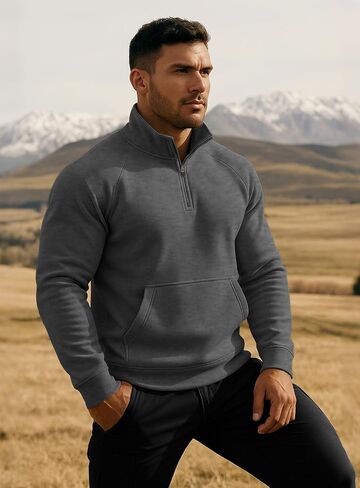 Men's Quarter Zip Pullover Sweatshirts Fleece Sweatshirt Stand Collar Long Sleeve Shirt with kangaroo Pocket in Saudi Arabia