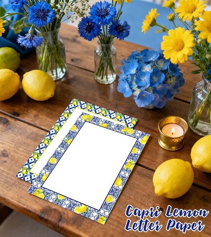 Whaline 60 Sheet Capri Lemon Stationery Paper Letterhead 4 Designs Blue Tiles Yellow Lemon Writing Paper for Spring Summer Invitation Office Printing, 8.5 x 11 Inch, Double-Sided in Saudi Arabia