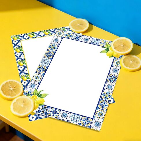 Whaline 60 Sheet Capri Lemon Stationery Paper Letterhead 4 Designs Blue Tiles Yellow Lemon Writing Paper for Spring Summer Invitation Office Printing, 8.5 x 11 Inch, Double-Sided in Saudi Arabia