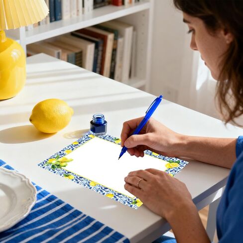 Whaline 60 Sheet Capri Lemon Stationery Paper Letterhead 4 Designs Blue Tiles Yellow Lemon Writing Paper for Spring Summer Invitation Office Printing, 8.5 x 11 Inch, Double-Sided in Saudi Arabia