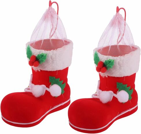TOYANDONA 2PCS Christmas Candy Boots with Pom Pom Holiday Cnady Gift Bag Christmas Tree Ornament Christmas Stocking Mini Santa Boots for Fireplace in Saudi Arabia