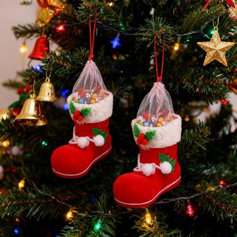 TOYANDONA 2PCS Christmas Candy Boots with Pom Pom Holiday Cnady Gift Bag Christmas Tree Ornament Christmas Stocking Mini Santa Boots for Fireplace in Saudi Arabia