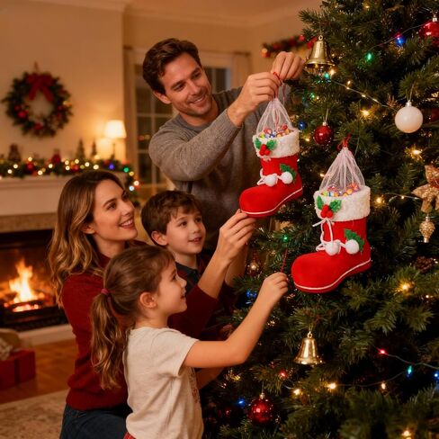 TOYANDONA 2PCS Christmas Candy Boots with Pom Pom Holiday Cnady Gift Bag Christmas Tree Ornament Christmas Stocking Mini Santa Boots for Fireplace in Saudi Arabia