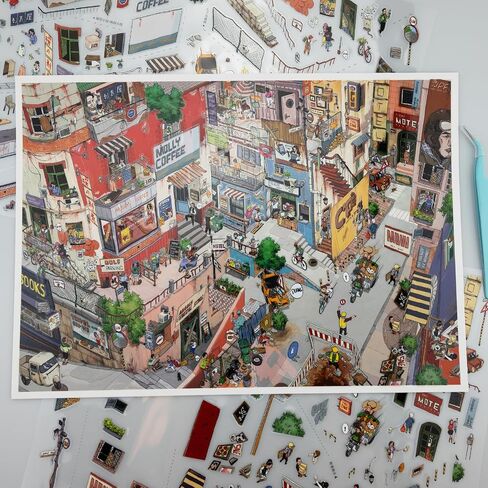 Town Life 3D Stickers - Detailed Craft Kit for Adults, ASMR Therapeutic Art, DIY Miniature Town Decals, Advanced Set with Premium Glossy Stickers w/Tools & Shadow Card for Stress Relief Gift in Saudi Arabia