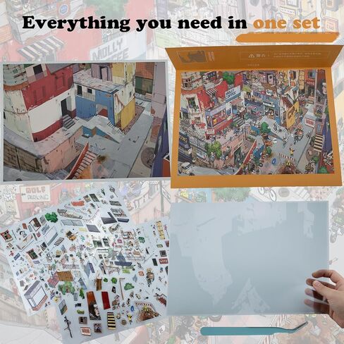 Town Life 3D Stickers - Detailed Craft Kit for Adults, ASMR Therapeutic Art, DIY Miniature Town Decals, Advanced Set with Premium Glossy Stickers w/Tools & Shadow Card for Stress Relief Gift in Saudi Arabia
