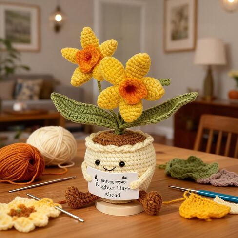 VERONLY Handmade Crochet Daffodil Doll for Desk Decor, Emotional Support Gift with Magnetic Base & Positive Card for Women & Friends, Stress Relief Office Decor in Saudi Arabia