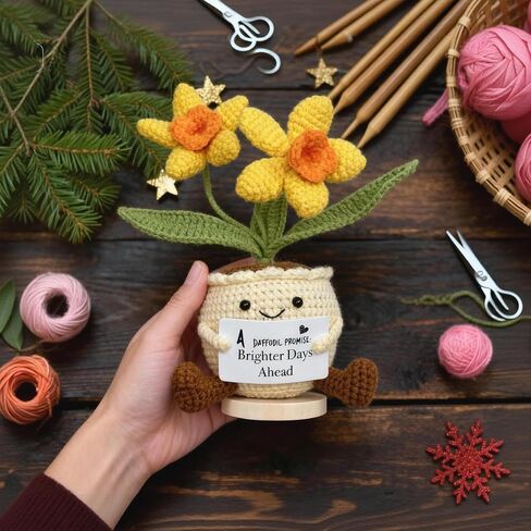 VERONLY Handmade Crochet Daffodil Doll for Desk Decor, Emotional Support Gift with Magnetic Base & Positive Card for Women & Friends, Stress Relief Office Decor in Saudi Arabia