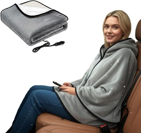 Sojoy Wearable 12V Heated Car Blanket with Zipper Design, Flannel Sherpa Electric Shawl for Cars Trucks SUVs, Fast Heating Lap and Shoulder Wrap for Cold Weather Travel，Navy Blue in Saudi Arabia