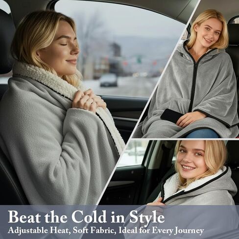 Sojoy Wearable 12V Heated Car Blanket with Zipper Design, Flannel Sherpa Electric Shawl for Cars Trucks SUVs, Fast Heating Lap and Shoulder Wrap for Cold Weather Travel，Navy Blue in Saudi Arabia