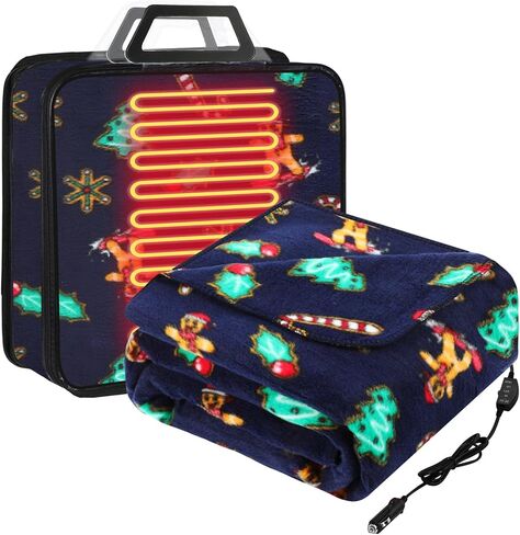 Tuanse 58 x 43 Inches Car Electric Blanket 12 Volt Heated Car Blanket with Temperature Controller and Transparent Storage Bag Cold Weather Tailgating and Emergency Kit(Red Black,Checkered) in Kuwait