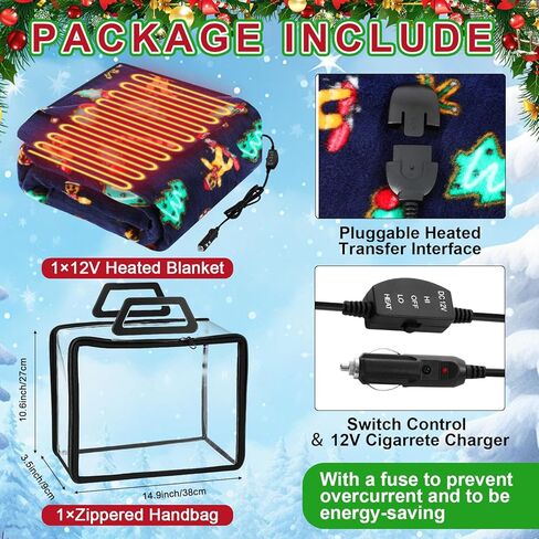 Tuanse 58 x 43 Inches Car Electric Blanket 12 Volt Heated Car Blanket with Temperature Controller and Transparent Storage Bag Cold Weather Tailgating and Emergency Kit(Red Black,Checkered) in Kuwait