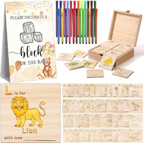 Marsui 78 جهاز كمبيوتر شخصى استحمام الطفل تزيين لعبة كتلة 52 DIY ABC كتل الحروف 24 قلم ألوان مائية 1 علامة 1 صندوق خشبي مع غطاء مفصلي لاستحمام الطفل تكشف عن جنس لوازم الحفلات (الدب الأزرق) in Kuwait