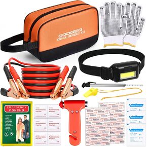 مجموعة أدوات السيارة للطوارئ على جانب الطريق مع كابلات توصيل، وإكسسوارات السيارة للرجال، ومجموعة المساعدة للسلامة تتضمن مطرقة أمان، ومصابيح أمامية، وقفازات، ومجموعة الإسعافات الأولية للنساء والرجال والمراهقين، برتقالية in Kuwait