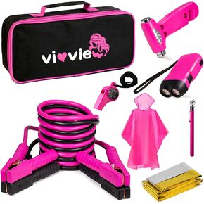 Roadside Emergency Car Kit for Vehicles, Car Safety Kit with Jumper Cables, Safety Hammer, Pink Car Accessories Road Trip Essentials Assistance Kit for Teen Girls Women in Kuwait