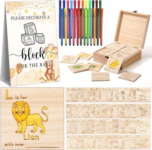 Marsui 78 جهاز كمبيوتر شخصى استحمام الطفل تزيين لعبة كتلة 52 DIY ABC كتل الحروف 24 قلم ألوان مائية 1 علامة 1 صندوق خشبي مع غطاء مفصلي لاستحمام الطفل تكشف عن جنس لوازم الحفلات (الدب الأزرق) in Saudi Arabia