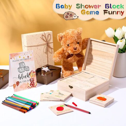 Marsui 78 جهاز كمبيوتر شخصى استحمام الطفل تزيين لعبة كتلة 52 DIY ABC كتل الحروف 24 قلم ألوان مائية 1 علامة 1 صندوق خشبي مع غطاء مفصلي لاستحمام الطفل تكشف عن جنس لوازم الحفلات (الدب الأزرق) in Saudi Arabia