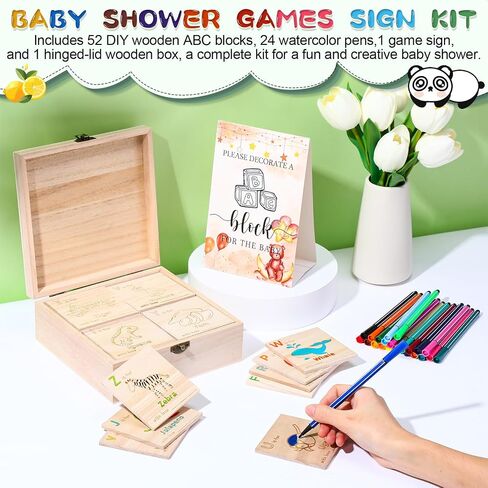 Marsui 78 جهاز كمبيوتر شخصى استحمام الطفل تزيين لعبة كتلة 52 DIY ABC كتل الحروف 24 قلم ألوان مائية 1 علامة 1 صندوق خشبي مع غطاء مفصلي لاستحمام الطفل تكشف عن جنس لوازم الحفلات (الدب الأزرق) in Saudi Arabia