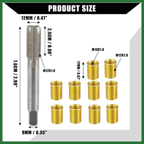 Motoforti Outer/Universal Spark Plug Thread Repair Tools with M10x1.0 Inner Thread Inserts and M12x1.0 Tap/Durable/Metal / 1 Set/Gold Tone Long-lasting in Saudi Arabia