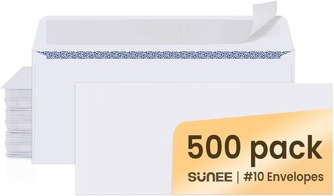 مظاريف SUNEE ذاتية الختم #10 مظاريف أعمال بريدية بدون نوافذ 500 حزمة، 4-1/8 × 9-1/2 بوصة - مظاريف حجم الحروف البيضاء - 24LB - آمنة ومتوافقة مع الطابعة للرسائل والشيكات والمراسلات in Kuwait