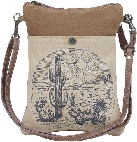 Myra Bags Life Always Upcycled Canvas Shoulder Bag S-0948, Tan, Khaki, Brown, One_Size in Saudi Arabia