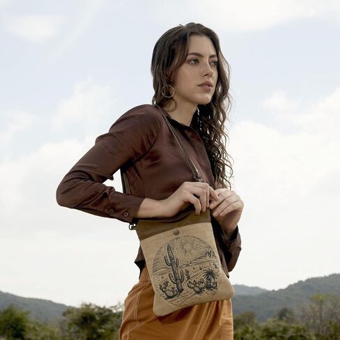 Myra Bags Life Always Upcycled Canvas Shoulder Bag S-0948, Tan, Khaki, Brown, One_Size in Saudi Arabia