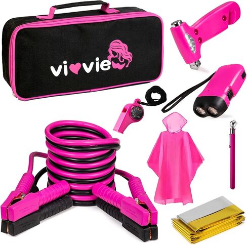 Roadside Emergency Car Kit for Vehicles, Car Safety Kit with Jumper Cables, Safety Hammer, Pink Car Accessories Road Trip Essentials Assistance Kit for Teen Girls Women in Kuwait