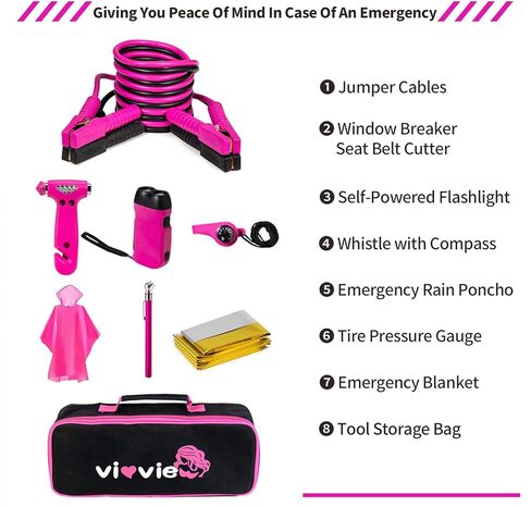 Roadside Emergency Car Kit for Vehicles, Car Safety Kit with Jumper Cables, Safety Hammer, Pink Car Accessories Road Trip Essentials Assistance Kit for Teen Girls Women in Kuwait